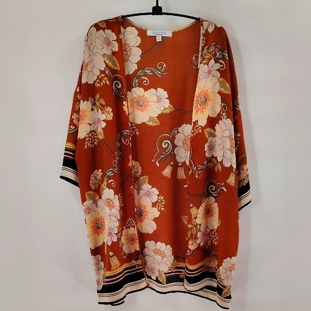 Sweet Rain Women's Floral Open Kimono XL Rust Black Cream